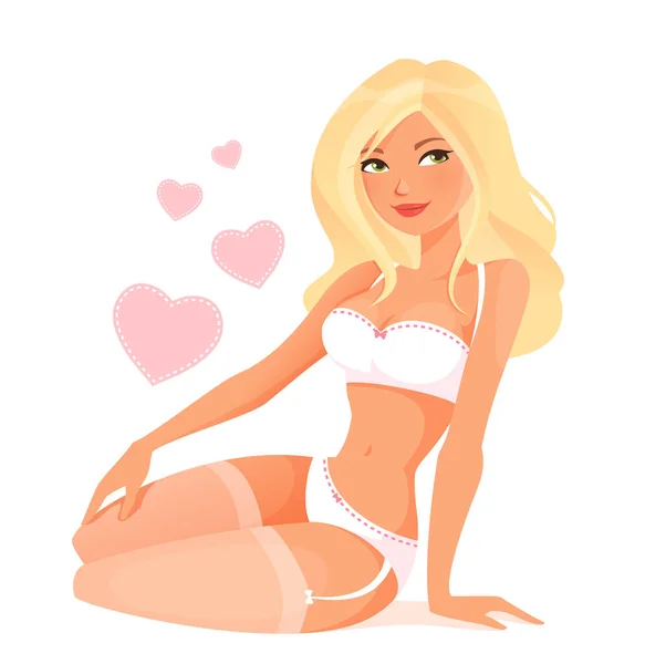 Verleidelijke Jonge Vrouw Witte Lingerie Schattig Cartoon Pin Meisje Mooi — Stockvector