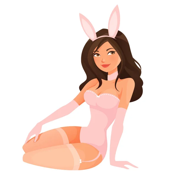 Beautiful Pin Girl Sexy Pink Bunny Costume Attractive Young Woman — Stock Vector