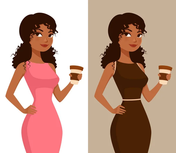 Cartoon Illustration Elegant African American Woman Holding Coffee Cup Young — Stock Vector