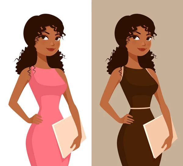 エレガントなドレスで美しい自信アフリカ系アメリカ人女性 ビジネス女性 アシスタントや秘書 若いです黒女の子でスマートカジュアルオフィスファッション — ストックベクタ