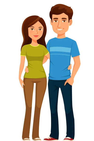 Genç Mutlu Bir Çiftin Kucaklaşmasının Güzel Bir Karikatür Çizimi Genç — Stok Vektör
