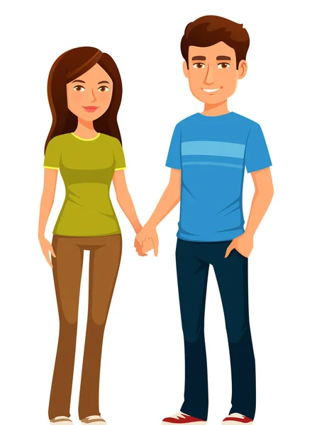 Nice Cartoon Illustration Young Happy Couple Love Holding Hands Smiling — Stock Vector