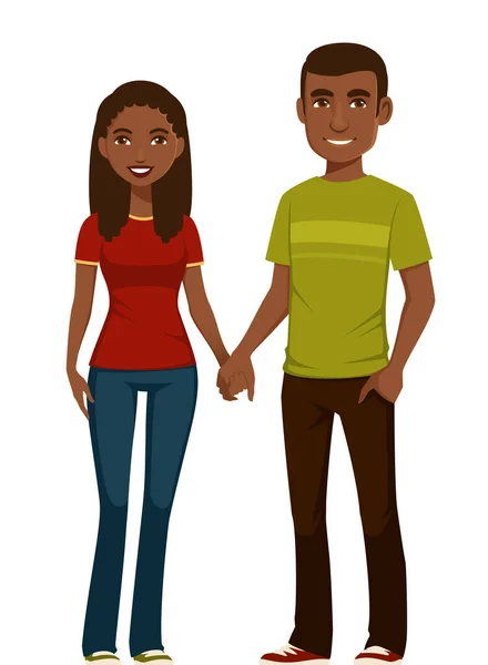 若い幸せなアフリカ系アメリカ人のカップルの愛と笑顔と手をつないで 黒の女性と男性は カジュアルな方法で 漫画のキャラクター — ストックベクタ