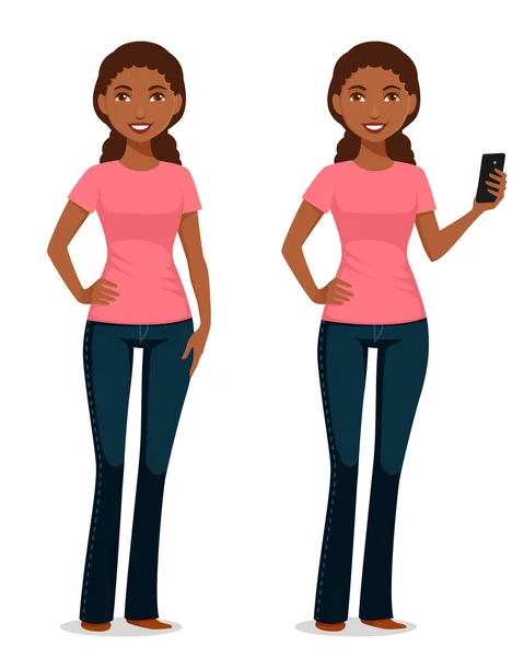 Beautiful Young Black Woman Jeans Holding Cell Phone Smiling Cartoon — Stock Vector