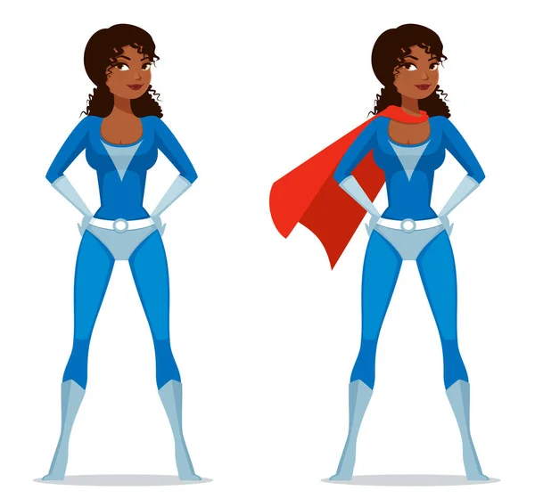 Krásná Černošky Dívka Super Hrdina Kostým Tekoucí Červené Pláštěnky Kreslená — Stockový vektor