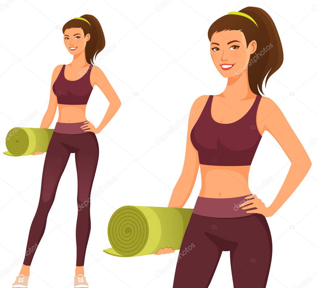 happy young girl in gym outfit, holding a yoga mat. Beautiful smiling woman in sport fashion. Healthy lifestyle and fitness concept.
