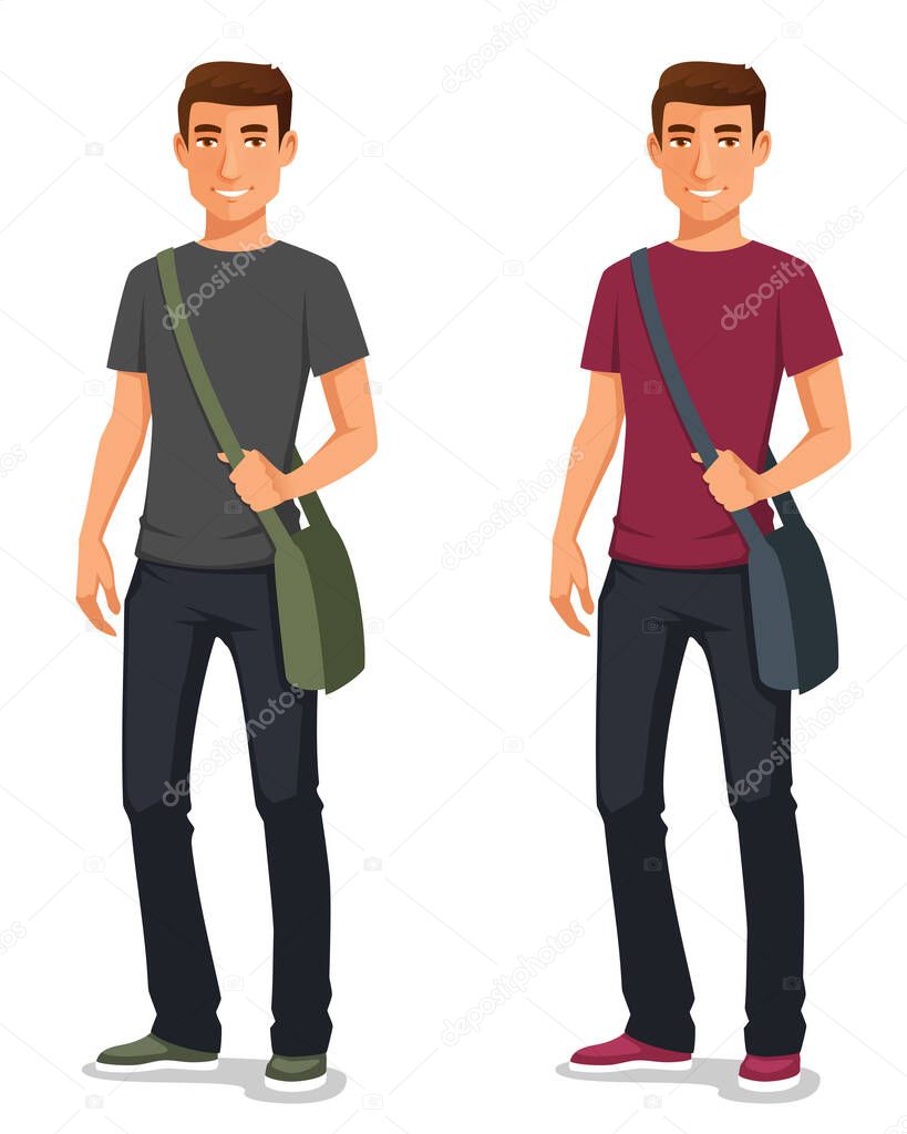 handsome high school or university student in jeans, attractive young man in casual street fashion. Cartoon illustration. Isolated on white.