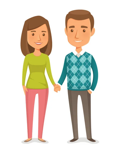 幸せなカップルの素敵な漫画のイラスト 笑顔と手を握っている 若い女性と関係の男 結婚または日付 — ストックベクタ