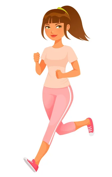 一个穿着运动服的年轻女子慢跑的有趣的卡通画 健康生活方式概念 — 图库矢量图片