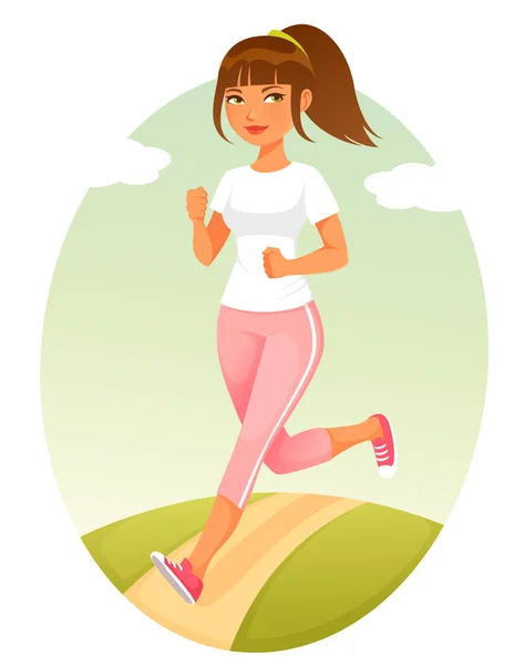 Cute Cartoon Illustration Young Woman Sport Outfit Jogging Healthy Lifestyle — Stock Vector