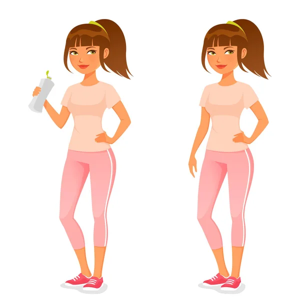 Cute Cartoon Illustration Young Girl Sport Outfit Holding Water Bottle — Stock Vector