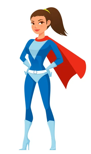 Cartoon Illustration Beautiful Woman Superhero Costume Flowing Red Cape Girl — Stock Vector