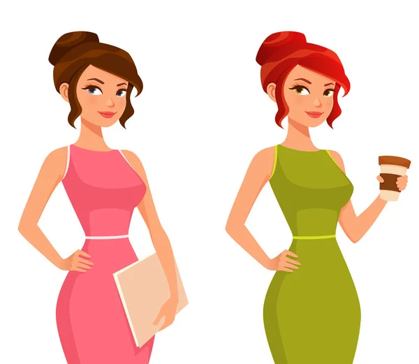 Linda Ilustración Dibujos Animados Una Hermosa Chica Oficina Vestido Elegante — Vector de stock