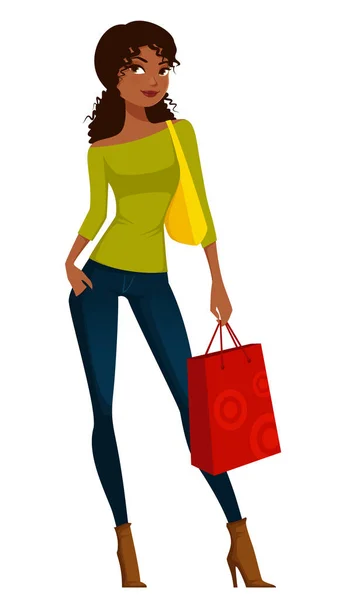 Beautiful Black Woman Jeans Shopping Cartoon Illustration Isolated White — Stock Vector