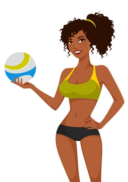卡通画一个活跃的非洲裔美国女人 玩沙滩排球 与白种人隔离 — 图库矢量图片
