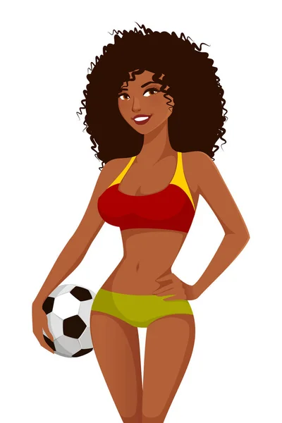 サッカーボールを持っている美しい黒人女性の漫画のイラスト チームマスコットやスポーツクラブファン 白に隔離された — ストックベクタ