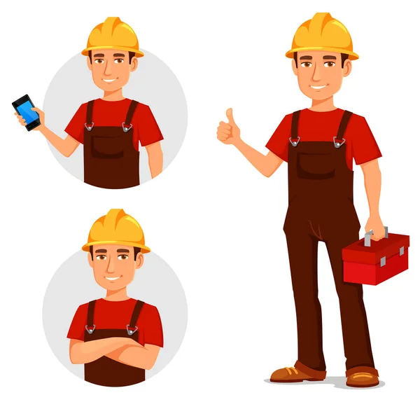 Funny Cartoon Repairman Construction Worker Safety Hat Young Man Builder — Stock Vector