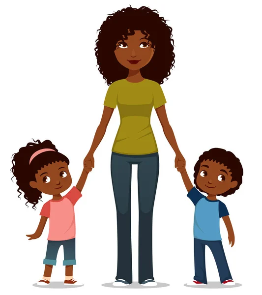 Linda Ilustración Dibujos Animados Una Madre Afroamericana Con Dos Hijos — Vector de stock