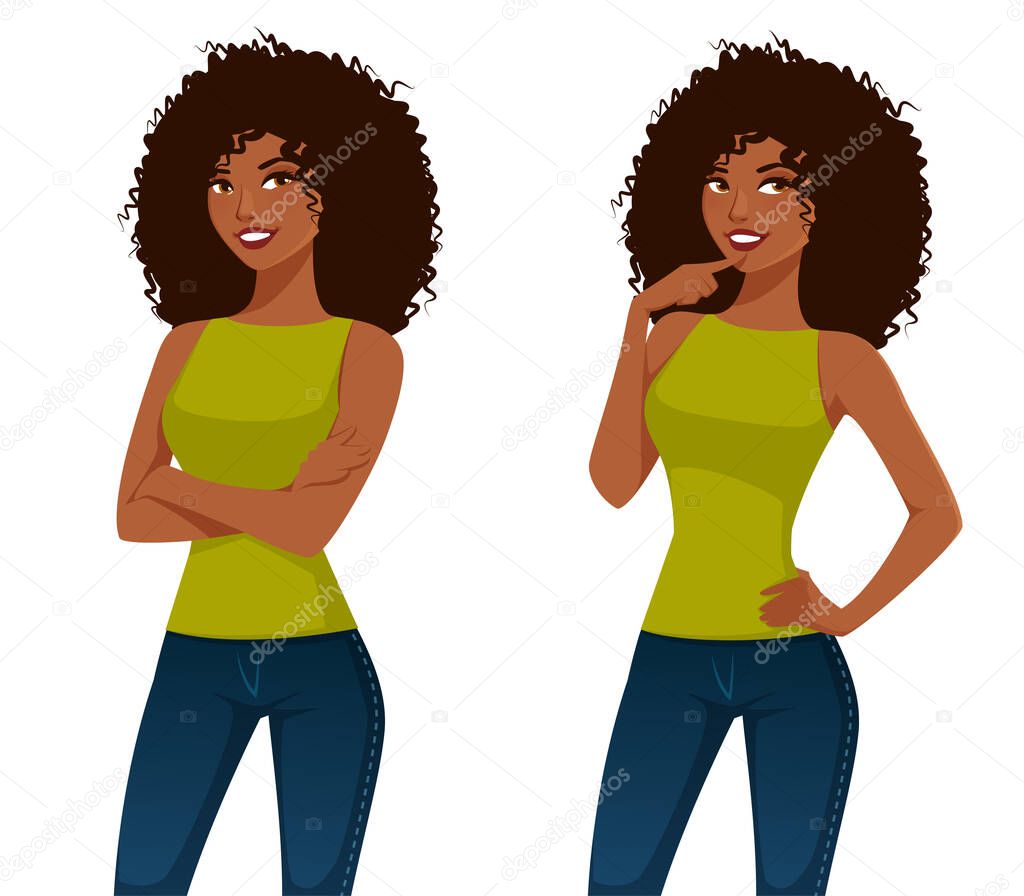 beautiful black woman in jeans, standing with her arms crossed or thinking. Cartoon illustration.
