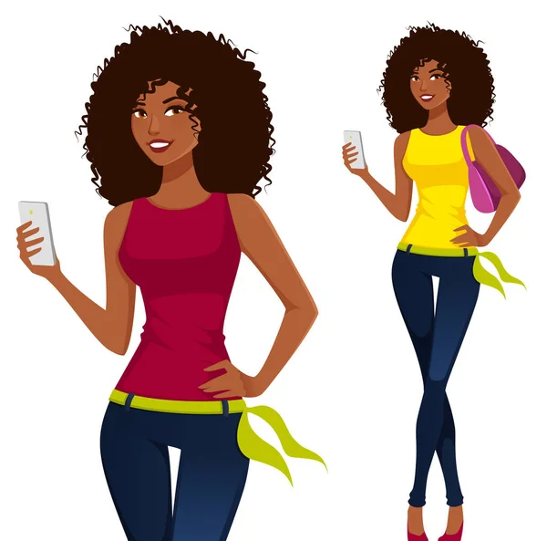 Beautiful Black Woman Bright Summer Outfit Using Cell Phone — Stock Vector