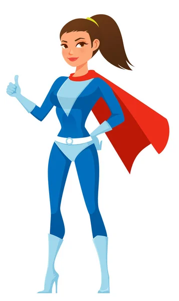 赤いケープが流れるスーパーヒーローの衣装の美しい女性の漫画のイラストは 親指を放棄します ガールパワーコンセプト — ストックベクタ