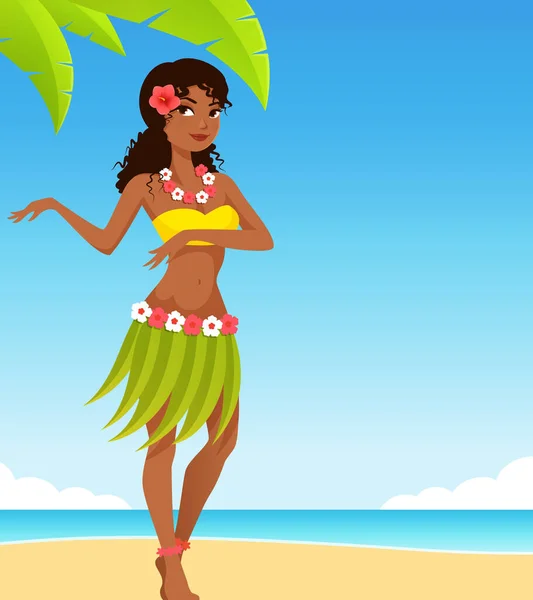 Hermosa Mujer Hawaiana Bailando Traje Tradicional Playa Concepto Destino Tropical — Vector de stock