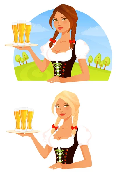 Mignon Dessin Animé Oktoberfest Fille Belle Pin Fille Servant Bière — Image vectorielle