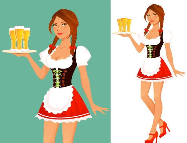 Cute Cartoon Oktoberfest Girl Beautiful Pin Girl Serving Beer Attractive — Stock Vector