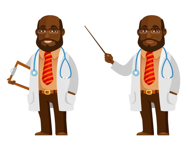 Divertida Ilustración Dibujos Animados Médico Afroamericano Amistoso Hombre Negro Trabajando — Vector de stock