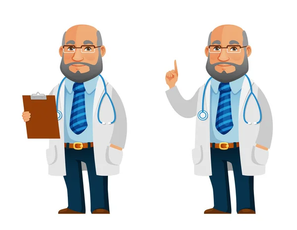 Divertida Ilustración Dibujos Animados Médico Cabecera Amigable Sosteniendo Portapapeles — Vector de stock