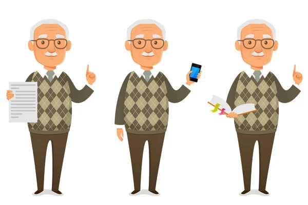 Rolig Tecknad Illustration Glad Senior Man Med Glasögon Söt Gammal — Stock vektor