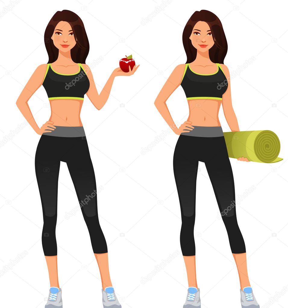 beautiful young girl in gym outfit, holding a yoga mat or an apple, cute cartoon character. Slim young woman, healthy lifestyle illustration.