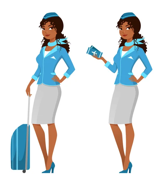 Cute Ilustracja Kreskówki Pięknej Afroamerykańskiej Stewardesy Walizką Atrakcyjna Stewardessa Niebieskim — Wektor stockowy