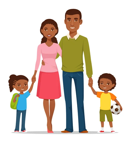 有两个孩子的快乐的非洲裔美国家庭 美丽的黑人家庭 年轻的父母 有儿子和女儿 休闲时尚 — 图库矢量图片