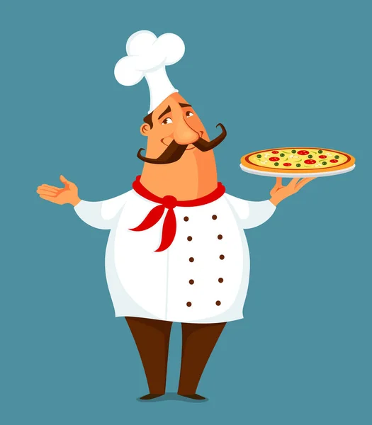 Desenho Animado Engraçado Ilustração Chef Pizza Cozinha Italiana Segurando Uma —  Vetores de Stock