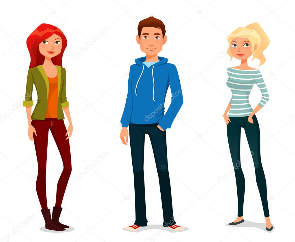 cute cartoon illustration of young people in casual street fashion, teenagers or students. Isolated on white.