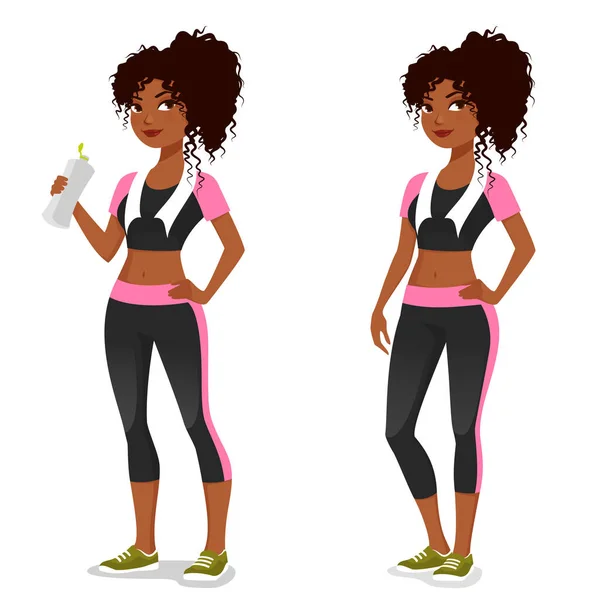 Schattig Cartoon Fitness Meisje Met Een Waterfles Mooi Afrikaans Amerikaans — Stockvector