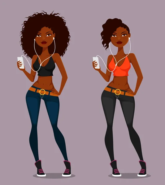 一个有着自然头发的性感非洲裔美国女孩的卡通画 穿着牛仔裤听手机里的音乐的漂亮黑人女人 — 图库矢量图片