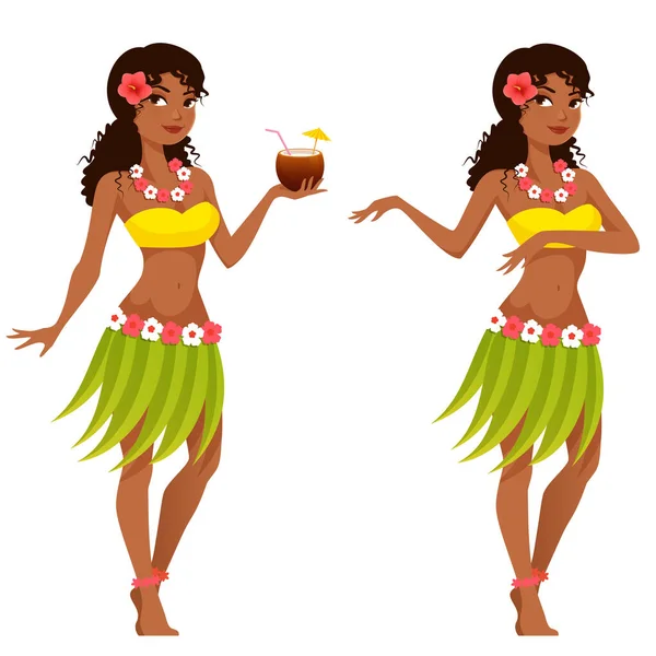 Mooie Hawaiiaanse Vrouw Traditioneel Kostuum Met Een Kokosnoot Drankje Dansen — Stockvector