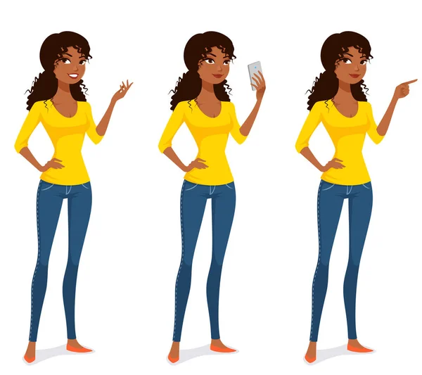 Beautiful Black Woman Bright Yellow Blouse Jeans Gesturing Holding Mobile — Stock Vector