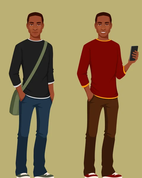 ハンサムなアフリカ系アメリカ人の高校生や大学生ジーンズで カジュアルなストリートファッションで若い黒人男性を笑顔 携帯電話を保持します — ストックベクタ