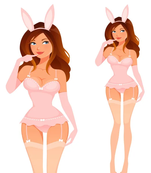 セクシーなピンクのウサギの衣装を着た美しいピンアップの女の子 魅惑的な下着の魅力的な若い女性 コルセットとストッキング バーレスク漫画のキャラクター 白に隔離された — ストックベクタ