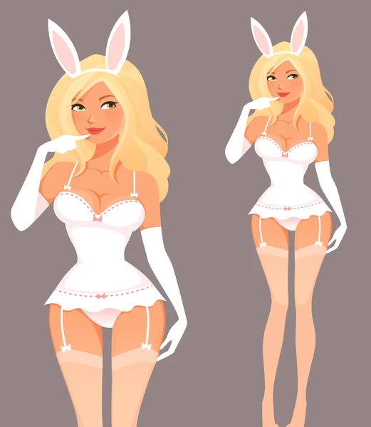 セクシーな白いウサギの衣装を着た美しいピンアップの女の子 魅惑的な下着の魅力的な若い女性 コルセットとストッキング バーレスク漫画のキャラクター — ストックベクタ