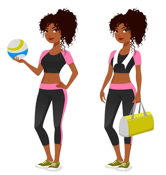 Roztomilá Kreslená Ilustrace Afroamerické Dívky Fitness Oblečení Držící Volejbalový Míček — Stockový vektor