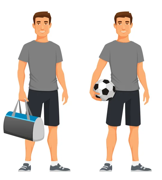 Handsome Young Man Sport Outfit Holding Soccer Ball Sport Bag —  Vetores de Stock