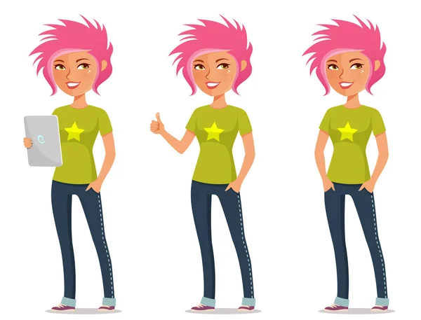 Funny Teenage Girl Student Street Fashion Outfit Cute Cartoon Character — Vector de stock