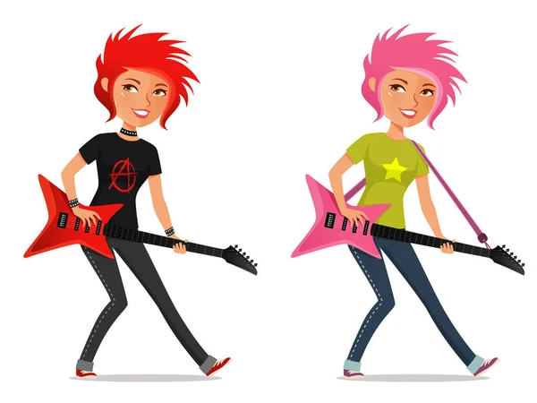 Funny Cartoon Teenage Girl Playing Guitar Cute Young Woman Musician — Vector de stock