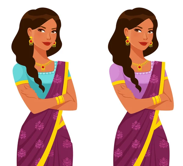 Beautiful Young Indian Woman Braided Hair Wearing Colorful Traditional Saree — Stockvector