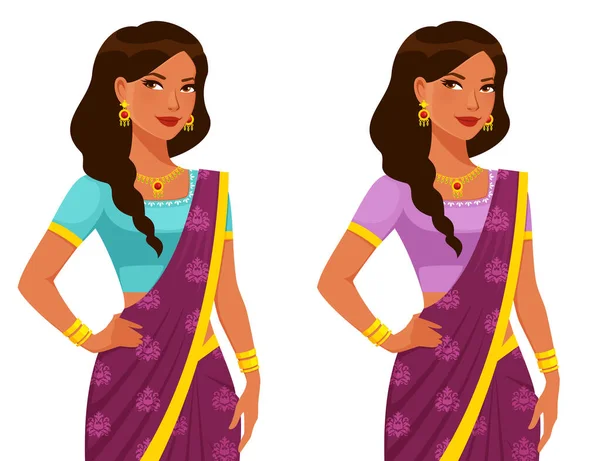 Hermosa Mujer India Joven Con Pelo Trenzado Vistiendo Saree Tradicional — Vector de stock