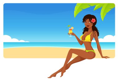 summer seaside banner with a beautiful beach girl enjoying a cocktail drink. Attractive black woman wearing bikini in tropical paradise. Travel destination ad or beach party invitation. clipart